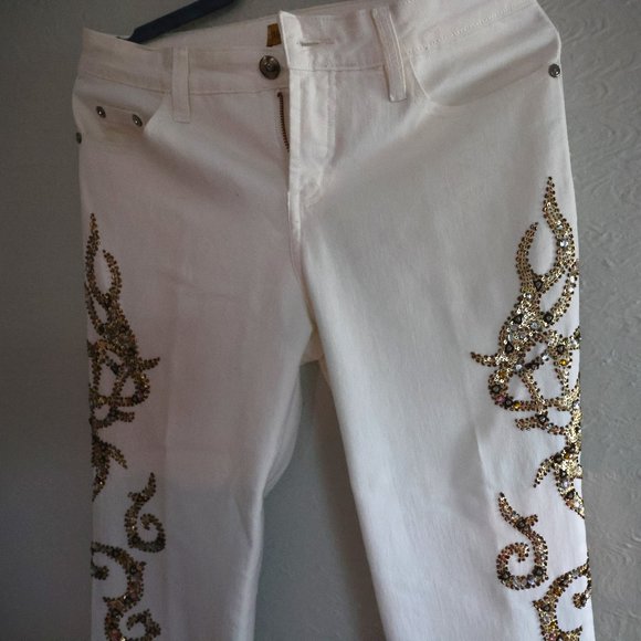 NWOT Midnight Velvet White Denim Pants with Sequin Appliqué - Size 6 - Picture 1 of 13